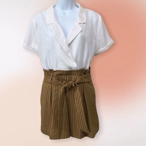Feel In Apparel Belted Romper Khaki and‎ White Size L NWOT - Picture 2 of 12
